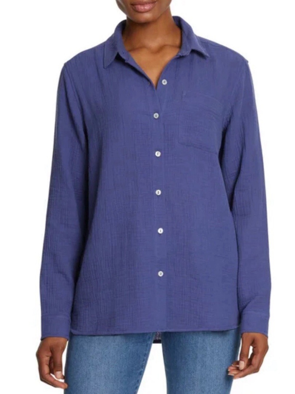 Classic Long-Sleeve Cotton Gauze Button-Up Shirt - Blue